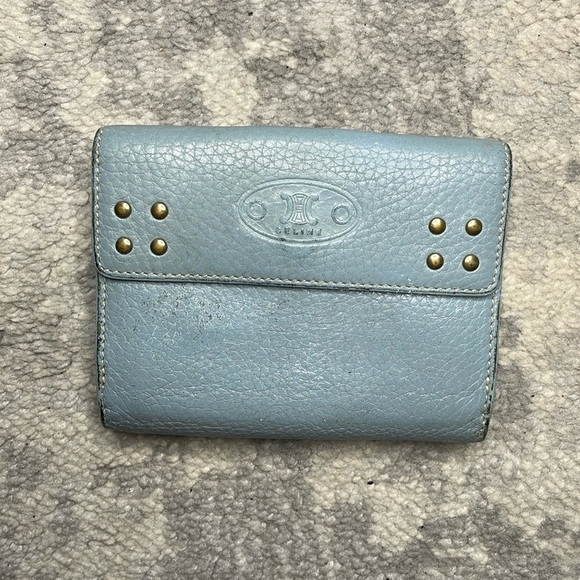Celine Studded Pebbled Leather Compact Wallet Powder Blue Extra Card Holders